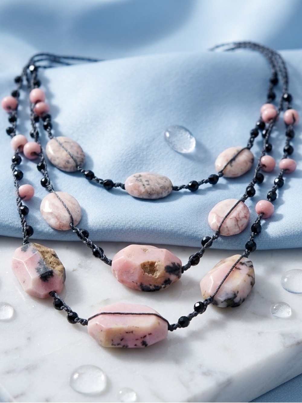 Rhodonite gemstone necklace with 3 strands on black cord Women’s jewelry